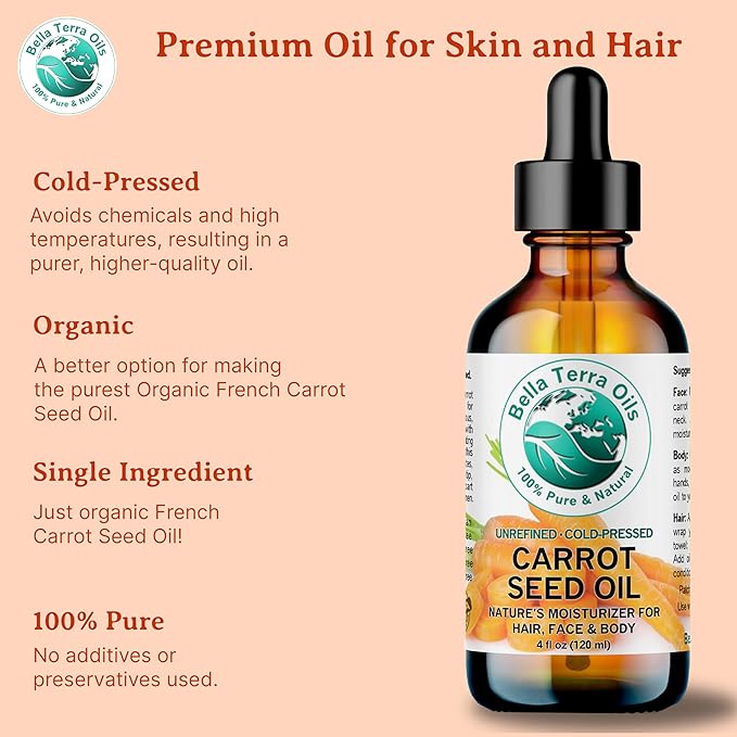 Bella Terra Oils - Organic Carrot Seed Oil 2 oz - Cold-Pressed Elixir, Abundant in Vitamin A & E, Beta-Carotene Richness, Ideal for Nourished Skin Radiance