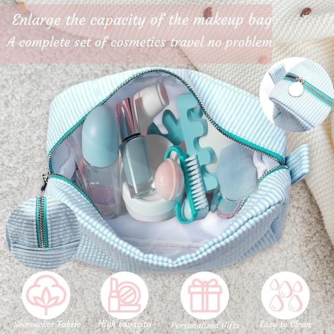 Custom Makeup Bag Personalized Cosmetic Bag Cute Seersucker Travel Toiletry Bag for Women Embroidered Bag Organizer for Bride Makeup Bag Gift Darkblue