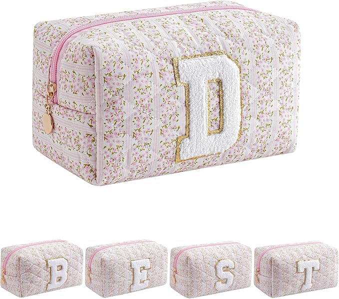 JOVAKIT Makeup Bag Cosmetic Bags for Women, Christmas Gifts for Girls Age 6-18, Alphabet Pink Floral Coquette Zipper Travel Makeup Pouch, Organizer Case Trendy Stuff (Pink Floral D)