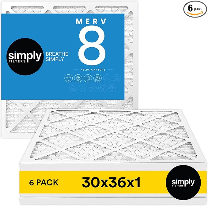 Simply 30x36x1 Air Filter, Merv 8, MPR 600, 6 Pack, by SimplyFilters