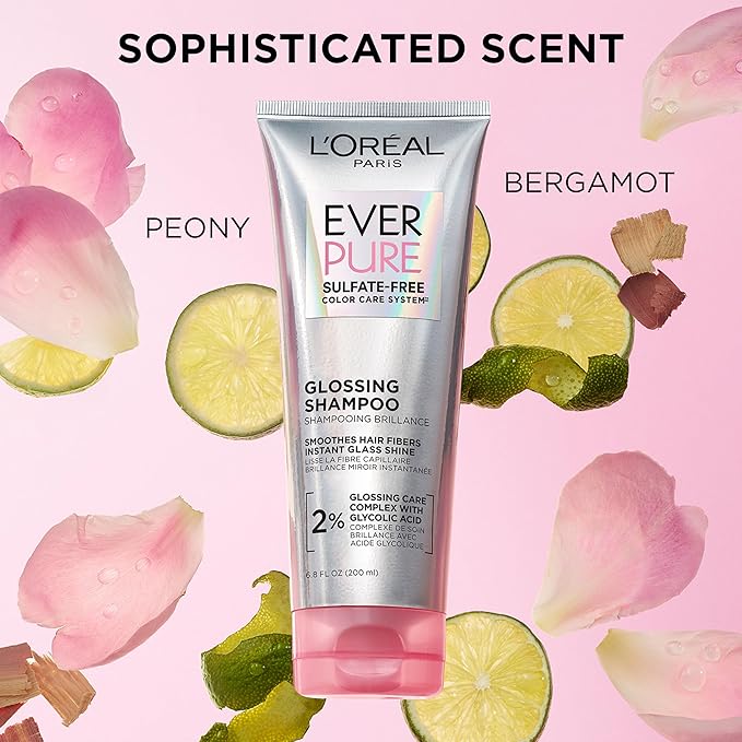 L'Oreal Paris Glossing Sulfate Free Shampoo and Conditioner Set with Glycolic Acid, Hair Care for Lasting Shine and Smoothness for Dull, Dry Hair, EverPure, 1 Kit