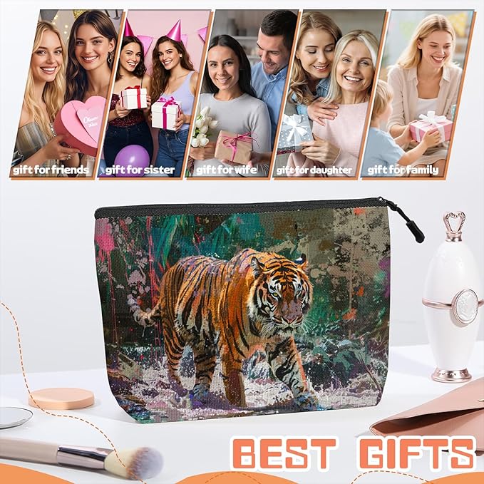 Cosmetic Bags Travel Makeup Toilet Case Waterproof Pouch for Women Girls 6.7X9.45inches - Artistic Tiger Walking Through A Splash - Filled Jungle