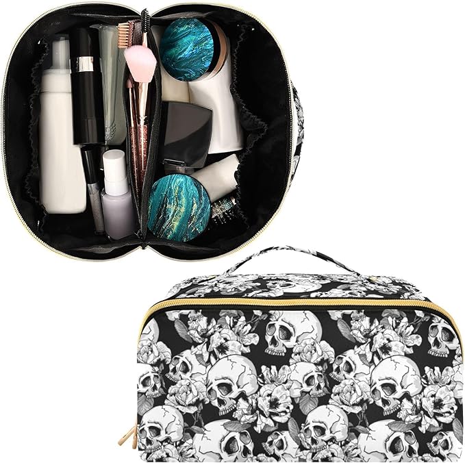 Makeup Organizer Bag, Skull and Flowers Travel Makeup Bags Makeup Vanity Case Large Capacity Rhombus Cosmetic Toiletry Bag for Girl Women Ladies