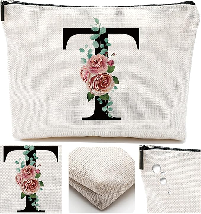 Initial A-Z Personalized Letter Makeup Bag, Monogrammed Bridesmaid Gifts Presents Cosmetic Bag, Portable Stationary Storage Organizer Pouch, Friendship Love Travel Makeup Bags