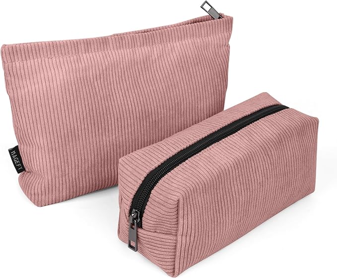 MAGEFY 2 Pcs Makeup Bags for Women, Corduroy Make up Bag for Purse Travel Makeup Bag Small Cosmetic Bags with Zipper Makeup Pouch for Travelling - Dusty Pink