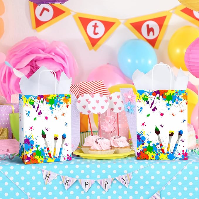 Durony 16-Piece Party Favor Bags with Handles - Tissue Paper Gift Bags for Birthday, Art Themed Party Supplies (8.6 x 6.2 x 3.1 Inches)