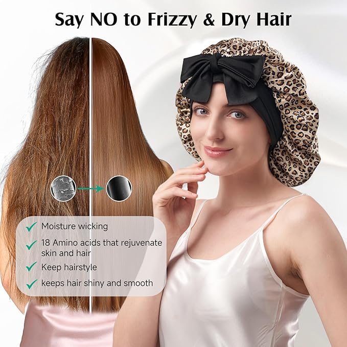 YFONG 100% 22 Momme Mulberry Silk Bonnet for Sleeping Women, Larger Double Layer Silk Hair Wrap for Curly Short Long Hair, Non-Slip Sleep Cap Turban with Elastic Tie Band (Leopard)