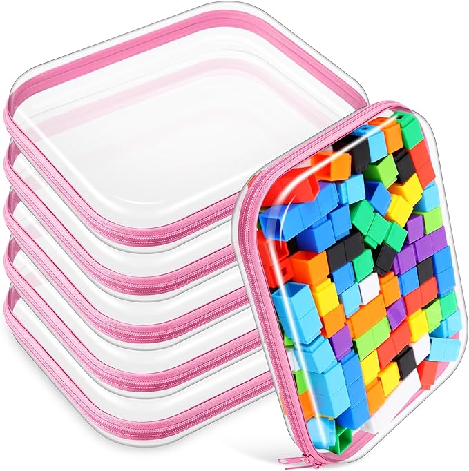 Sanwuta 6 Pcs Clear Hard Zipper Case Hard Plastic Zipper Pouches Makeup Bag Pencil Pouches Transparent Cases for Snacks Plastic Storage Organizer Box for Travel(Pink,9.84 x 7.87 x 2 Inch)