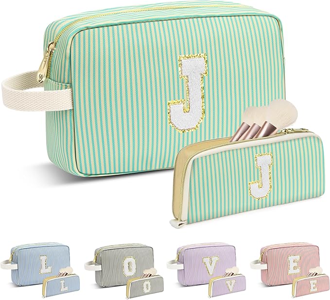 Travel Makeup Bag Christmas Gifts for Women Girl Teens, Personalized Initial Makeup Bag for Cute Teen Girls, Preppy Stuff Toiletry Bag Cosmetic Bag, Teen Girls Gift Trendy Stuff, Letter J