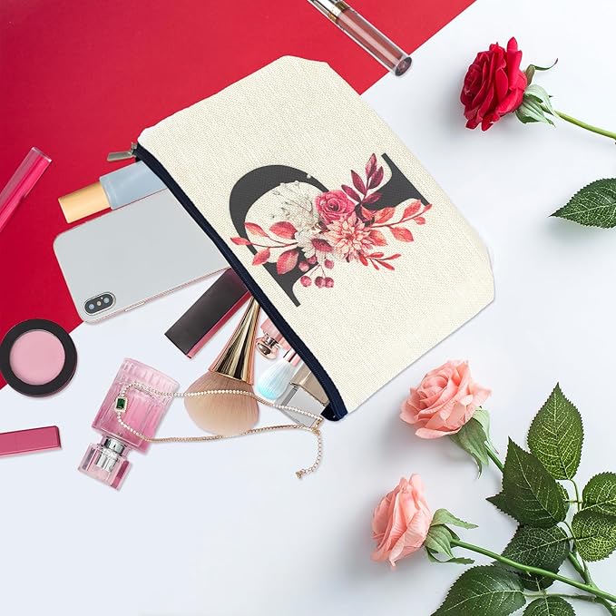 Initial A-Z Personalized Floral Makeup Bag, Monogrammed Birthday Gifts for Women Mom, Mothers Day Christmas Gift Ideas for Best Friend, Bride Bridesmaid, Her, Grandma, Small Travel Cosmetic Bag (P)