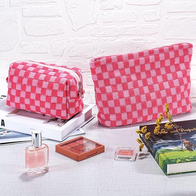 ZLFSRQ 2Pcs Makeup Bag Checkered Cosmetic Bag Set Travel Toiletry Bags for Purse Large Small Makeup Pouch for Women Cute Preppy Pencil Pouch Case Pink Zipper Skincare Bags