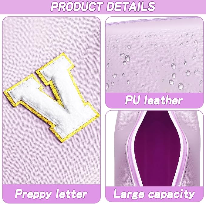 Gifts for Girls Initial Makeup Bag Personalized Cosmetic Bag with Zipper Cute Travel Toiletry Bag Waterproof PU Preppy Makeup Pouch Birthday Gift for Teen Girls Women(Purple V)