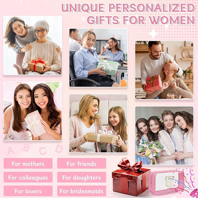 Personalized Initial Clear Makeup Bag, Travel Chenille Patch Cosmetic Bag, Preppy Toiletry Bag Monogram Cosmetic Pouch with Zipper, Ideal Gift for Teen Girls Women (Clear-Pink, U)