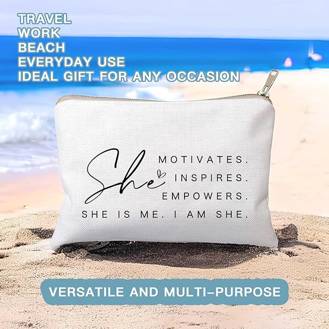 She Motivates Inspires Empowers Makeup Bag She is Me Entrepreneurship Gift Women's Motivational Cosmetic Bags Powerful and Inspirational Travel Bag Gift for Her