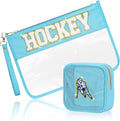 2 Pcs Hockey Gifts Makeup Bag with Chenille Letter Patch, Clear Cosmetic Pouch PVC Organizer Purse, Waterproof Travel Bag, Portable Toiletry Storage Bag for Her Girls Friends Women