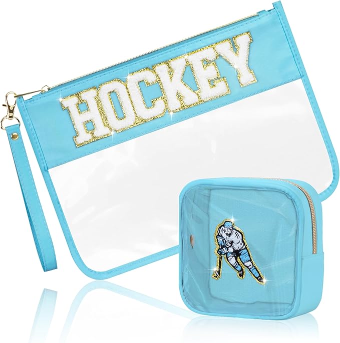 2 Pcs Hockey Gifts Makeup Bag with Chenille Letter Patch, Clear Cosmetic Pouch PVC Organizer Purse, Waterproof Travel Bag, Portable Toiletry Storage Bag for Her Girls Friends Women