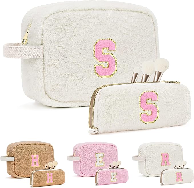 for Christmas Day Gifts, Travel Makeup Bag for Women, Initial Make Up Bag Set for 6 7 8 9 10 11 12 13 Years Old Kids Tween Girls, Large Cosmetic Skincare Bags for Birthday Gifts, White S