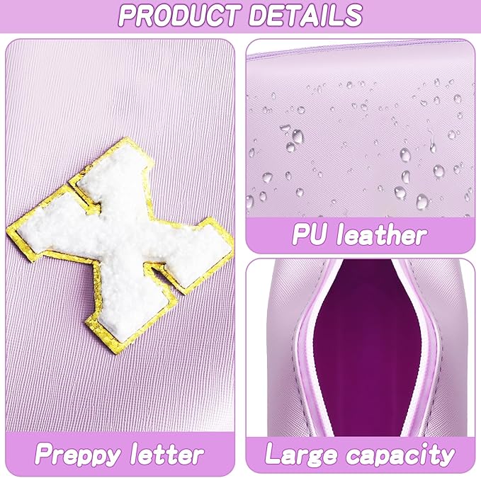 Gifts for Girls Initial Makeup Bag Personalized Cosmetic Bag with Zipper Cute Travel Toiletry Bag Waterproof PU Preppy Makeup Pouch Birthday Gift for Teen Girls Women(Purple X)