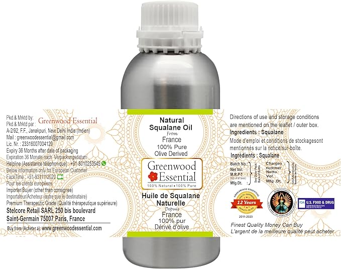 Greenwood Essential Pure Natural Squalane Oil (derived from Olives) Natural Therapeutic Grade for Hair, Skin & Aromatherapy 630ml (21 oz)