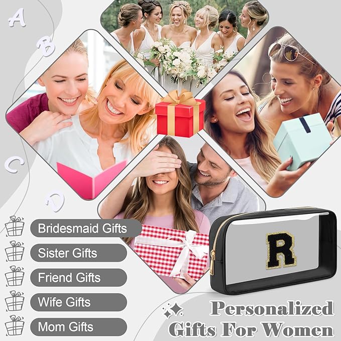Personalized Initial Letter Clear Makeup Bag,Preppy Small Nylon&PVC Cosmetic Zipper Bag with Chenille Letter,Travel Skincare Toiletry Bag,Monogram Christmas Gift for Teen Girls Women,R