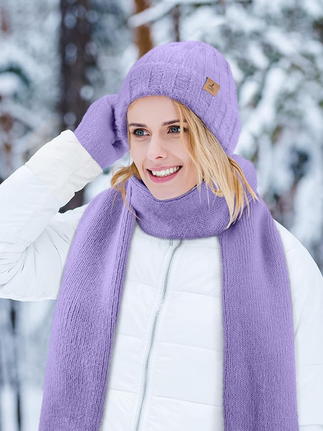 Winter Beanie Hat Scarf Gloves, Warm Fleece Knit Hat Long Scarf Neck Warmer Touch Screen Winter Gloves Set Gifts for Women