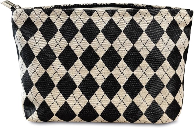 STARDW Parallel Checkered Makeup Bag Cute Cosmetic Bags for Women Girls, Travel Toiletry Bag Large Capacity Zipper Makeup Pouch, Purse Organizer Pouches