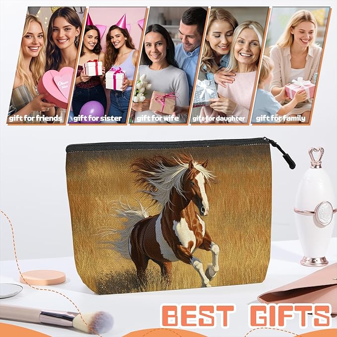 Cosmetic Bags Travel Makeup Toilet Case Waterproof Pouch for Women Girls 6.7X9.45inches - Horse Galloped on The Golden Grass