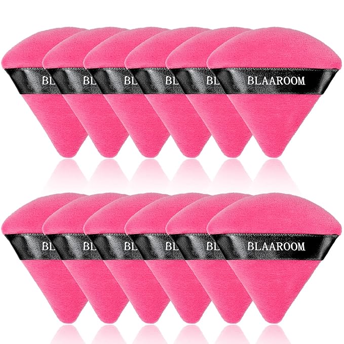 BLAAROOM 12 Pieces Powder Puff Face Makeup Puff Triangle Powder Puffs for Loose Powder Wet Dry Powder Soft Cosmetic Foundation Sponges Wedge Shape Beauty Makeup Tools - Rose Red