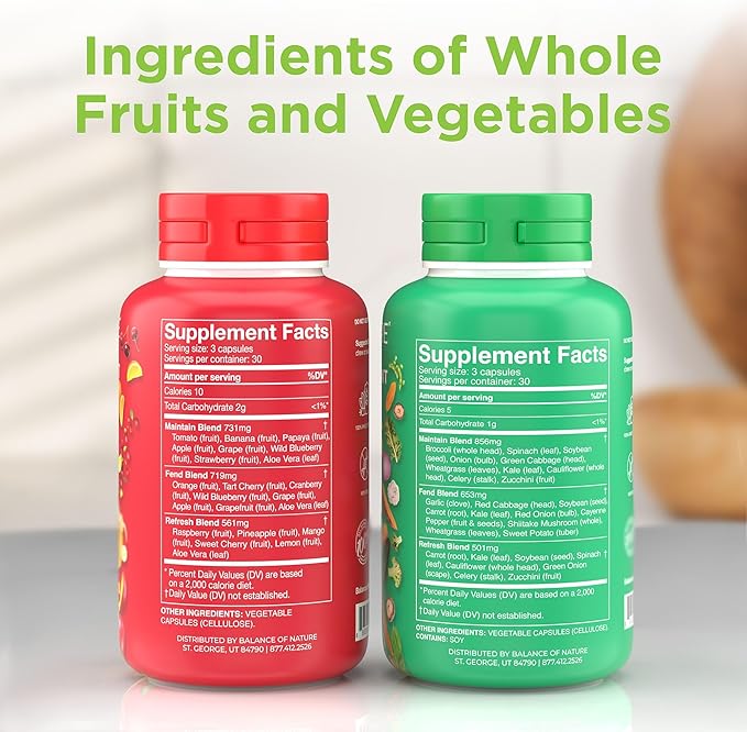 Balance of Nature Fruits and Veggies Supplements - Whole Fruit and Vegetable Ingredients for Women, Men, and Kids - 90 Fruit Capsules, 90 Veggie Capsules - 1 Set