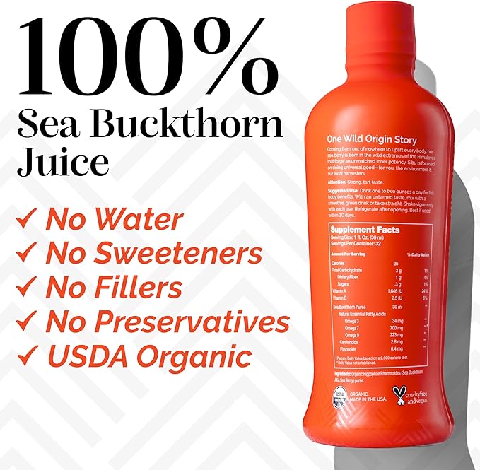 sibu Omega-7 Pure, 100% Pure Sea Buckthorn Juice (32 oz) USDA Organic