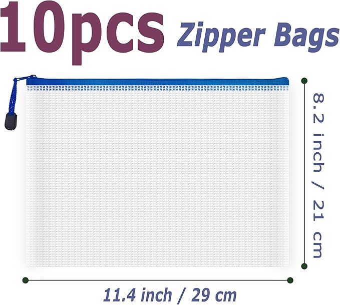 AUSTARK 10 Pcs Zipper File Bags, Waterproof Plastic Mesh Pouch for Office School, Board Game Storage Bags (B5 Size 11.4''x8.2'', White and Blue)