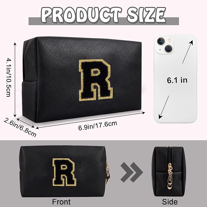 Small Travel Initial Preppy Makeup Bag, Personalized Black Cute Cosmetic Organizer Chenille Letter Toiltery Zipper Pouch for Purse, Waterproof Makeup Storage Gifts for Female Teacher Friend(Letter R)