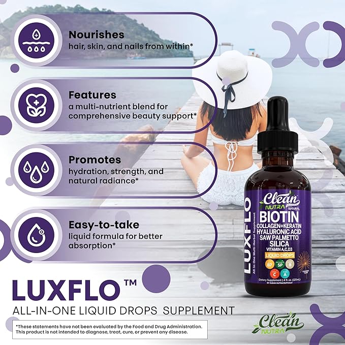 Liquid Biotin & Collagen Keratin Hyaluronic Acid Saw Palmetto Drops Vitamins for Hair Growth Support Silica Vitamin A C D Bamboo Turmeric Zinc Folate Magnesium Horsetail LuxFlo by Clean Nutra