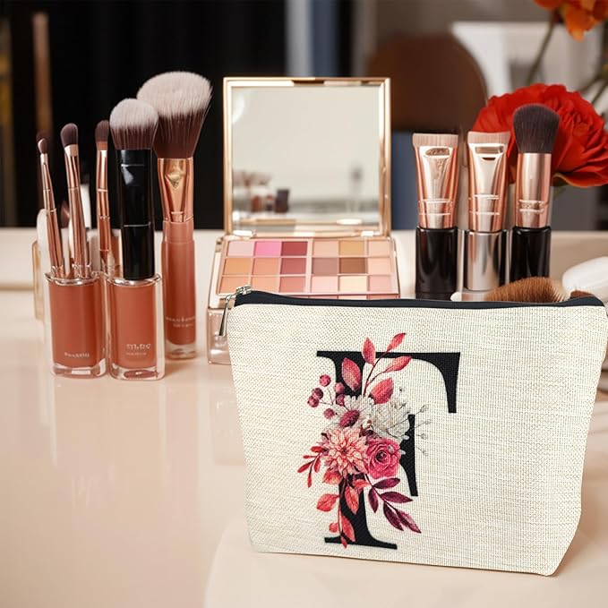 Initial A-Z Personalized Floral Makeup Bag, Monogrammed Birthday Gifts for Women Mom, Mothers Day Christmas Gift Ideas for Best Friend, Bride Bridesmaid, Her, Grandma, Small Travel Cosmetic Bag (F)