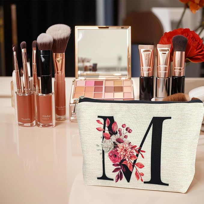 Initial A-Z Personalized Floral Makeup Bag, Monogrammed Birthday Gifts for Women Mom, Mothers Day Christmas Gift Ideas for Best Friend, Bride Bridesmaid, Her, Grandma, Small Travel Cosmetic Bag (M)