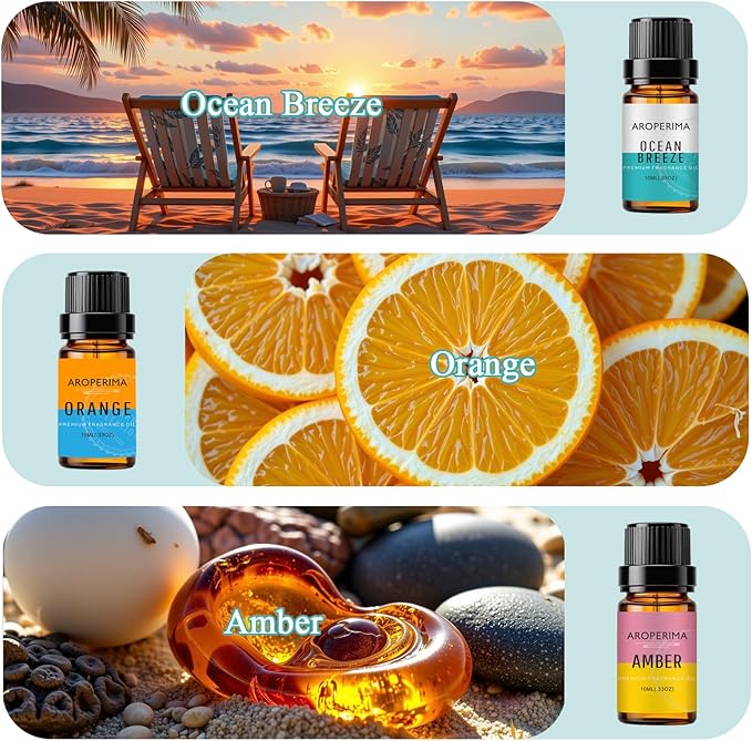 Clean Home Fragrance Essential Oil Set - Forest Pine, Fresh Cut Grass, Fresh Cotton, Ocean Breeze, Orange, Amber 6x10ML for Diffusers, Aromatherapy, Massage, Perfume, Soap Making and Candle