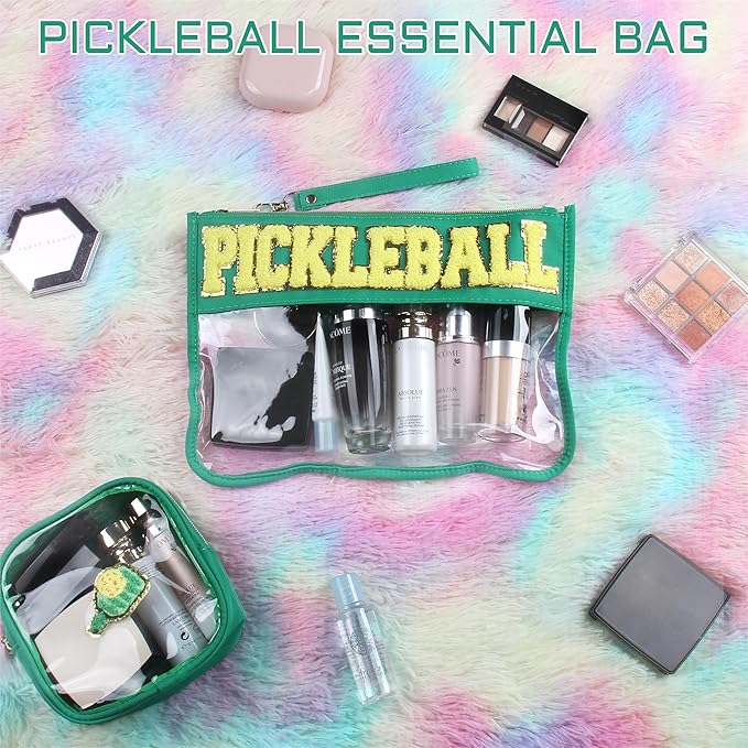 2 Pcs Pickleball Gifts Cosmetic Makeup Bag with Chenille Letter Patch, Clear Pouch PVC Organizer Purse, Waterproof Travel Bag, Portable Toiletry Storage Bag for Her Girls Friends Women