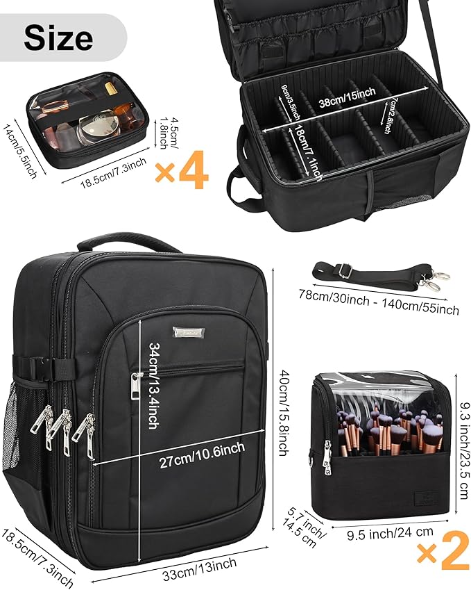 TANTO Makeup Backpack Makeup Artist Bag Professional Extra Large Cosmetic Bags Travel Train Case Storage Organizer Double-Layer Cosmetic Case with 4 Pouch and 2 Brush Bag (Black, Three)