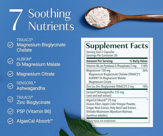 AlgaeCal Magnesium Relax™ - Chelated Magnesium with Ashwagandha for Sleep & Occasional Anxiety - Glycinate, Malate, Citrate - Sleep, Mood, & Cortisol Support (60 Caps - 1 Month Supply)