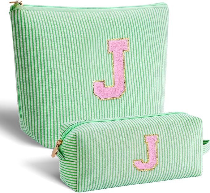 Monogrammed Gifts for Women - Cosmetic Bag for Teen,Initial Cute Makeup Bag Set for Women,Trendy Pouch for Niece Sister Friend Female Her,Birthday Gifts for Daughter - Green,J