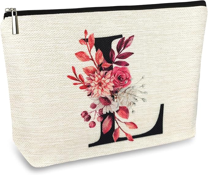 Initial A-Z Personalized Floral Makeup Bag, Monogrammed Birthday Gifts for Women Mom, Mothers Day Christmas Gift Ideas for Best Friend, Bride Bridesmaid, Her, Grandma, Small Travel Cosmetic Bag (L)