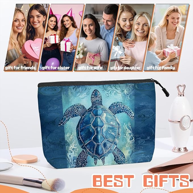 Cosmetic Bags Travel Makeup Toilet Case Waterproof Pouch for Women Girls 6.7X9.45inches - Blue Sea Turtle With Ornamental Patterns