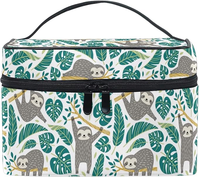 Makeup Bag, Cute Sloths And Tropical Palm Leaves Travel Makeup Organizer Bag Cosmetic Cases Toiletry Bags for Girl Women Ladies