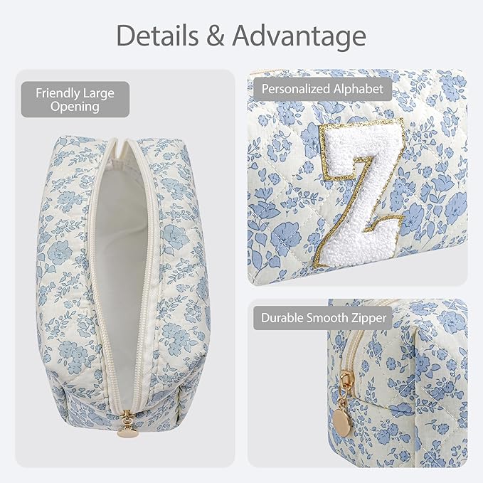 Gleyemor Personalized Initial Makeup Bag for Women, Cute Quilted Blue Floral Cotton Cosmetic Bag, Christmas Gifts for Her Mom Friend Sister Bridesmaid Teacher Women Z