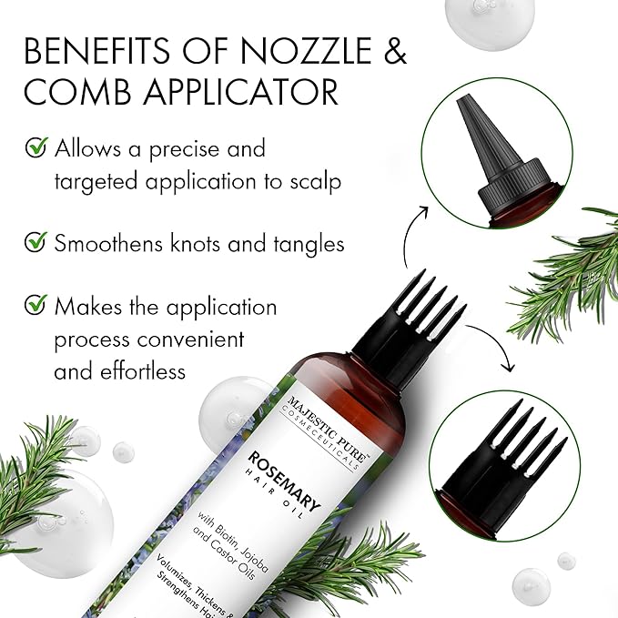 Majestic Pure 100% Pure Rosemary Oil For Hair Growth - Strengthening, Nourishing, Volumizing - Infused with Biotin Oil, Jojoba Oil & Castor Oil - Non GMO Verified - 6.7 Fl Oz (Pack of 2)