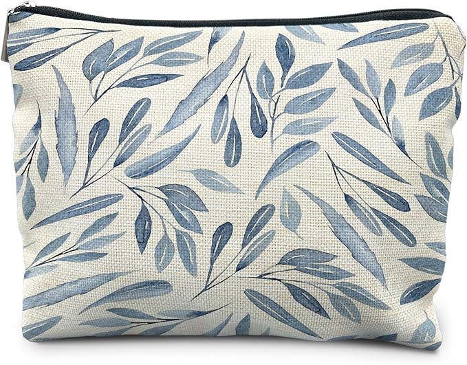 Blue Floral Makeup Bag Pouch, Blue and White Chinoiserie Makeup Pouch, Floral Cosmetic Bag, Boho Botanical Leaves Cosmetic Bag for Women