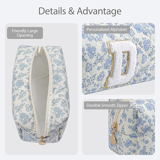 Gleyemor Personalized Initial Makeup Bag for Women, Cute Quilted Blue Floral Cotton Cosmetic Bag, Christmas Gifts for Her Mom Friend Sister Bridesmaid Teacher Women D