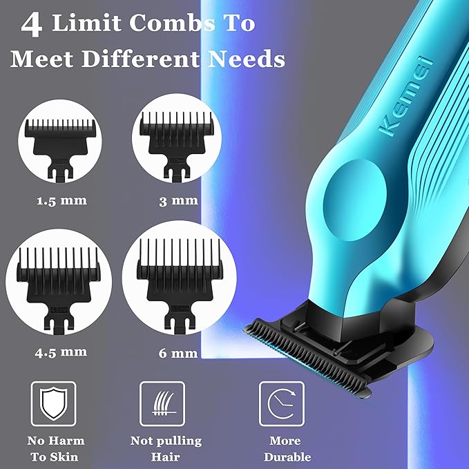 KEMEI Hair Trimmer for Men, Zero Gapped Cordless Hair Clippers Beard Trimmers with T Blade, Rechargeable Barber Clippers with LED Display, Blue
