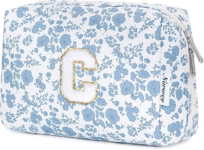 Narwey Birthday Gifts for Teen Girls Kids Women Personalized Initial Floral Makeup Bag Cute Cosmetic Trendy Stuff 6 8 10 11 12 13 14 16 18 Years Old Travel Toiletry Bag (Little Blue Flower C)