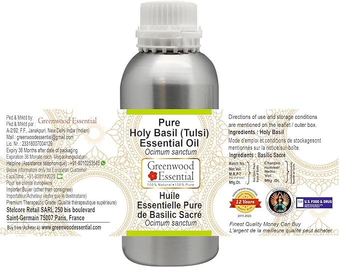 Greenwood Essential Pure Holy Basil Essential Oil (Ocimum Sanctum) Steam Distilled 630ml (21 oz)